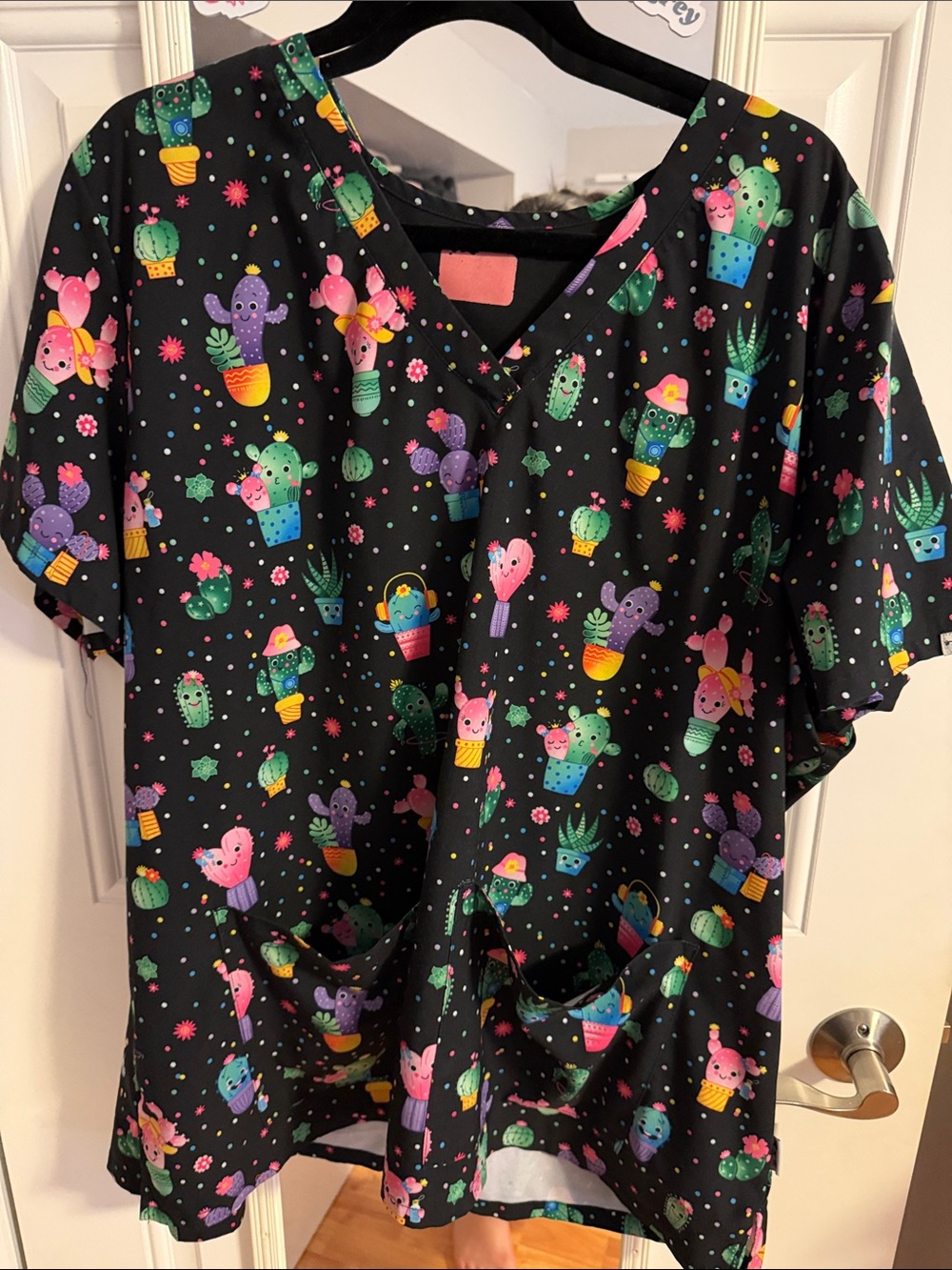 Black Cactus Print Scrub Top - 2XL